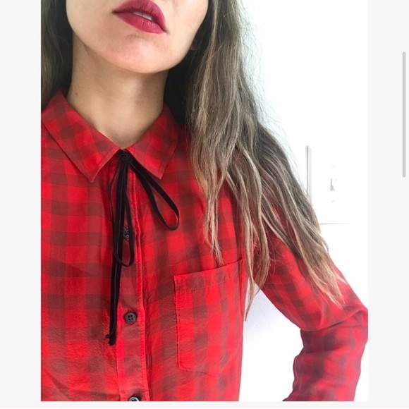 Madewell pussybow red blouse velvet Alexa Chung - Picture 2 of 6
